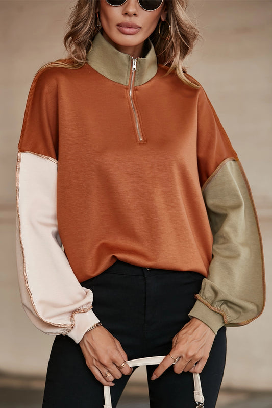 Khaki Exposed Seam Color Block Zipped Sweatshirt