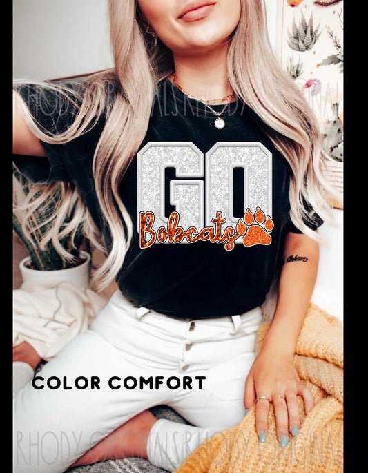GO BOBCAT FAUX SEQUIN GLITTER T-SHIRT (WHITE GO ORANGE BOBCATS )