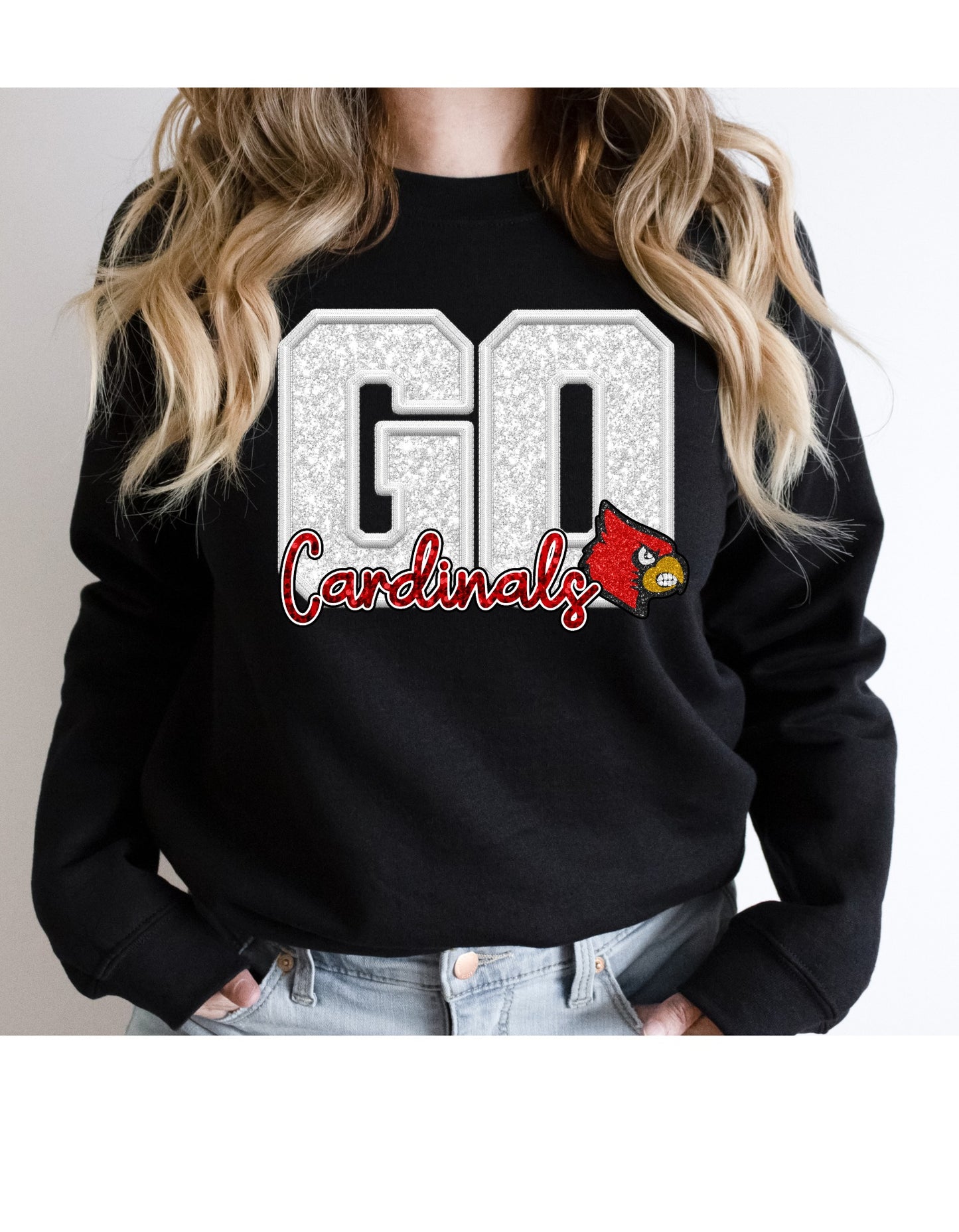 GO CARDINALS -FAUX SEQUIN GLITTER SWEATSHIRT (WHITE GO- RED CARDINALS)