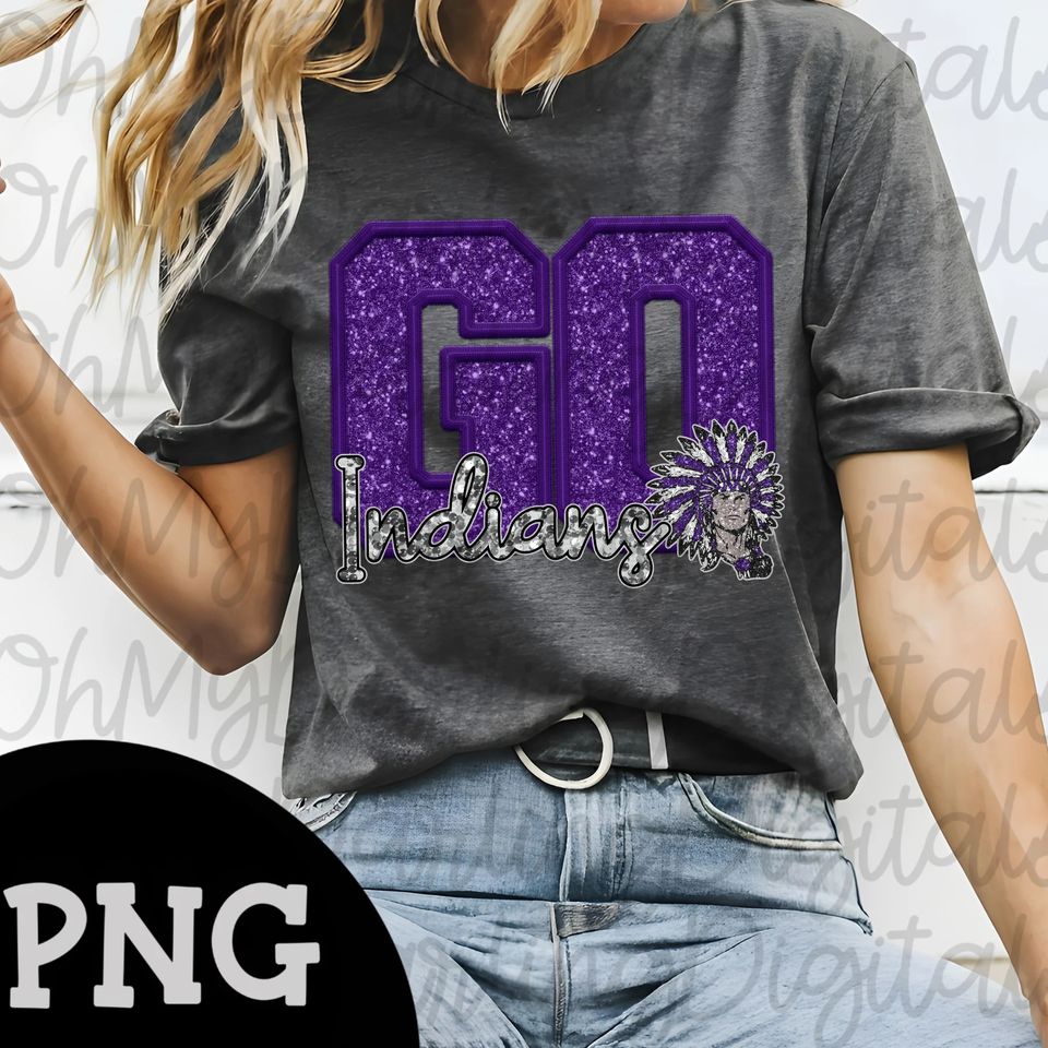 GO INDIANS  FAUX SEQUIN GLITTER T-SHIRT (PURPLE GO SILVER INDIANS)