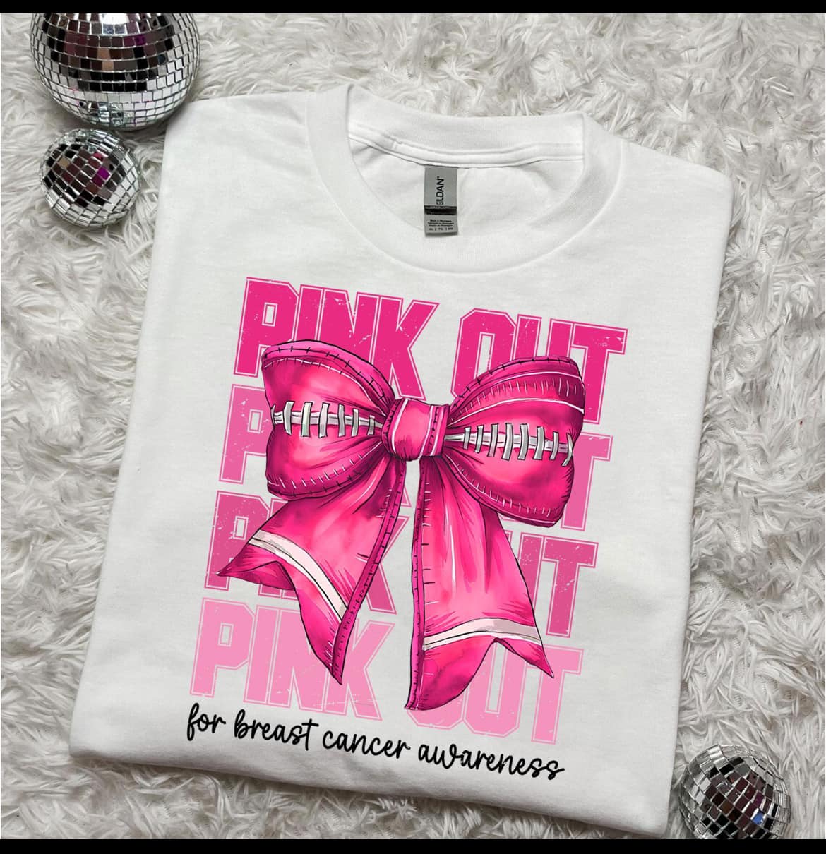 PINK OUT for breast cancer (big pink bow, 4 different pink out words in a row) T-shirt YOUTH SIZING ONLY