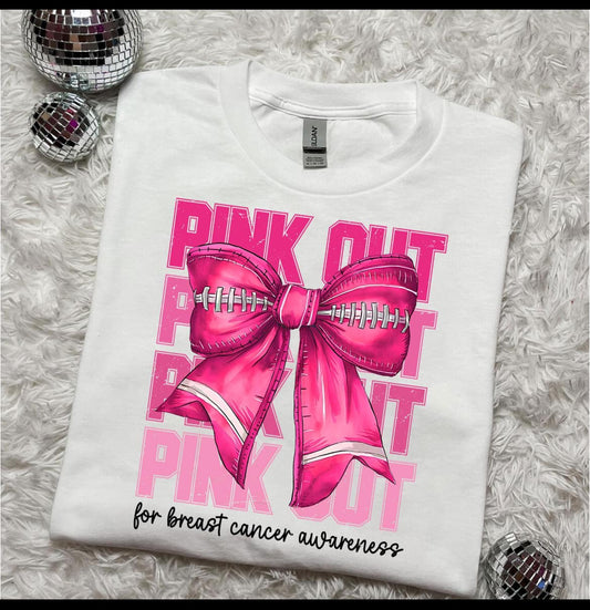 PINK OUT for breast cancer (big pink bow, 4 different pink out words in a row) T-shirt ADULT SIZING ONLY