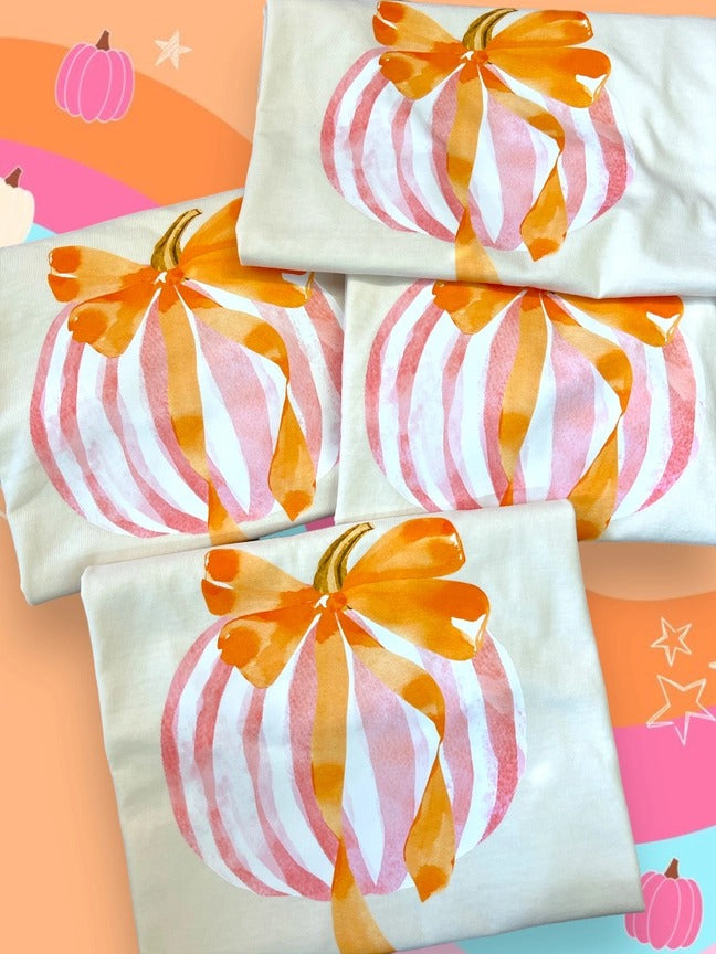 Preppy pumpkin Tee (pink and white watercolor pumpkin, orange bow)