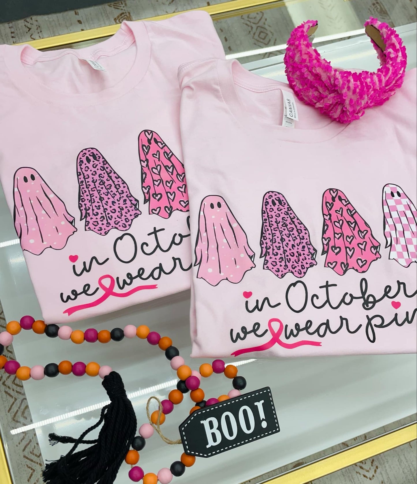 In October we wear pink "4 ghost all different pink patterns" Tshirt