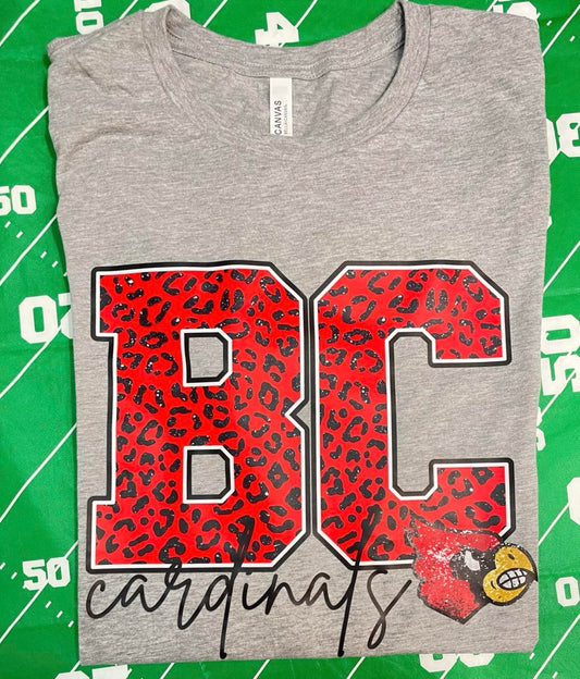 BC cardinals "BC RED CHEETAH, CARDINALS BLACK CURSIVE FONT, glitter cardinal head" T-shirt