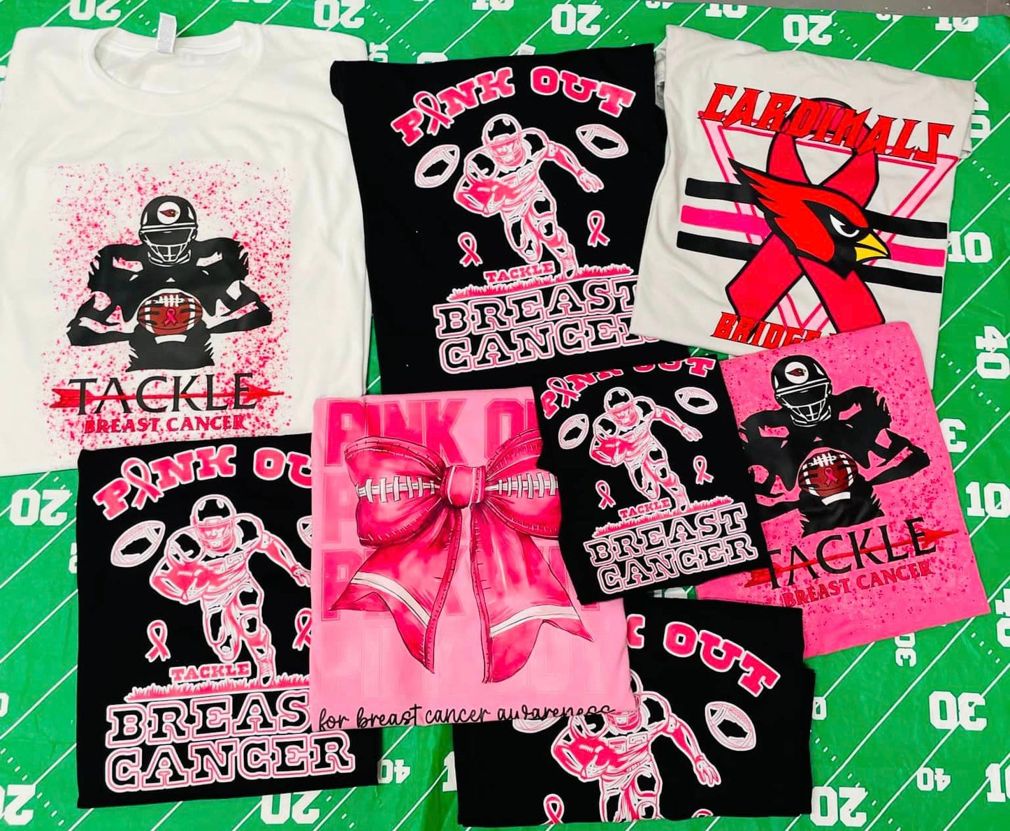 PINK OUT for breast cancer (big pink bow, 4 different pink out words in a row) T-shirt ADULT SIZING ONLY