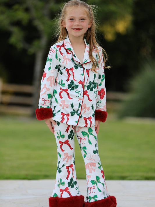 Holiday Bow Print Christmas Pajama Set – Girls Cozy Red Trim Sleepwear 103025AS