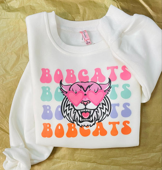 Bobcat (4 rows of bobcats, pink, teal, purple orange bobcat face with sunglasses) sweatshirt