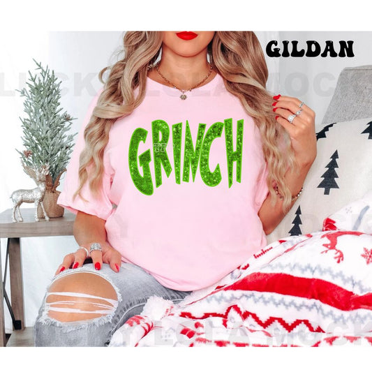 GRINCH  GREEN SEQUIN DIRECT TO FILM IMAGING T-shirt (GILDAN ONLY)