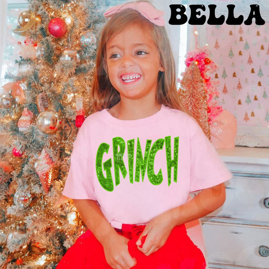 Grinch GREEN SEQUIN DIRECT TO FILM IMAGING )T-shirt (BELLA AND COLOR COMFORT)