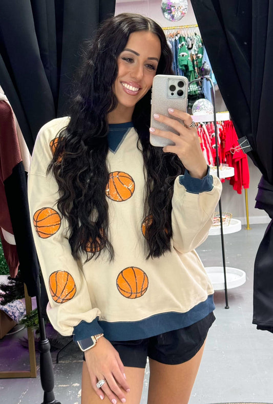 ✅Sequin Basketball Graphic Colorblock Edge Sweatshirt 18231