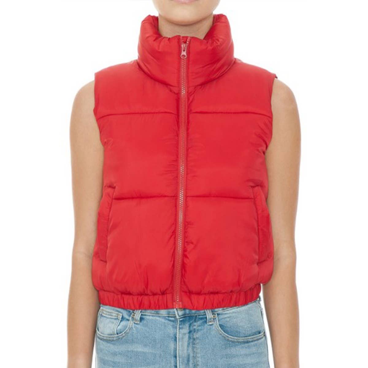 Nylon High Neck Faux Down Puffer Vest  GUJC-792