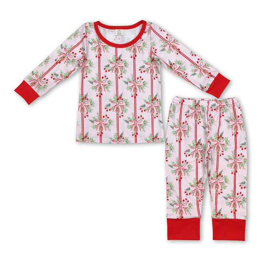 Red long sleeves pink bow girls bamboo Christmas pajamas GLP1476