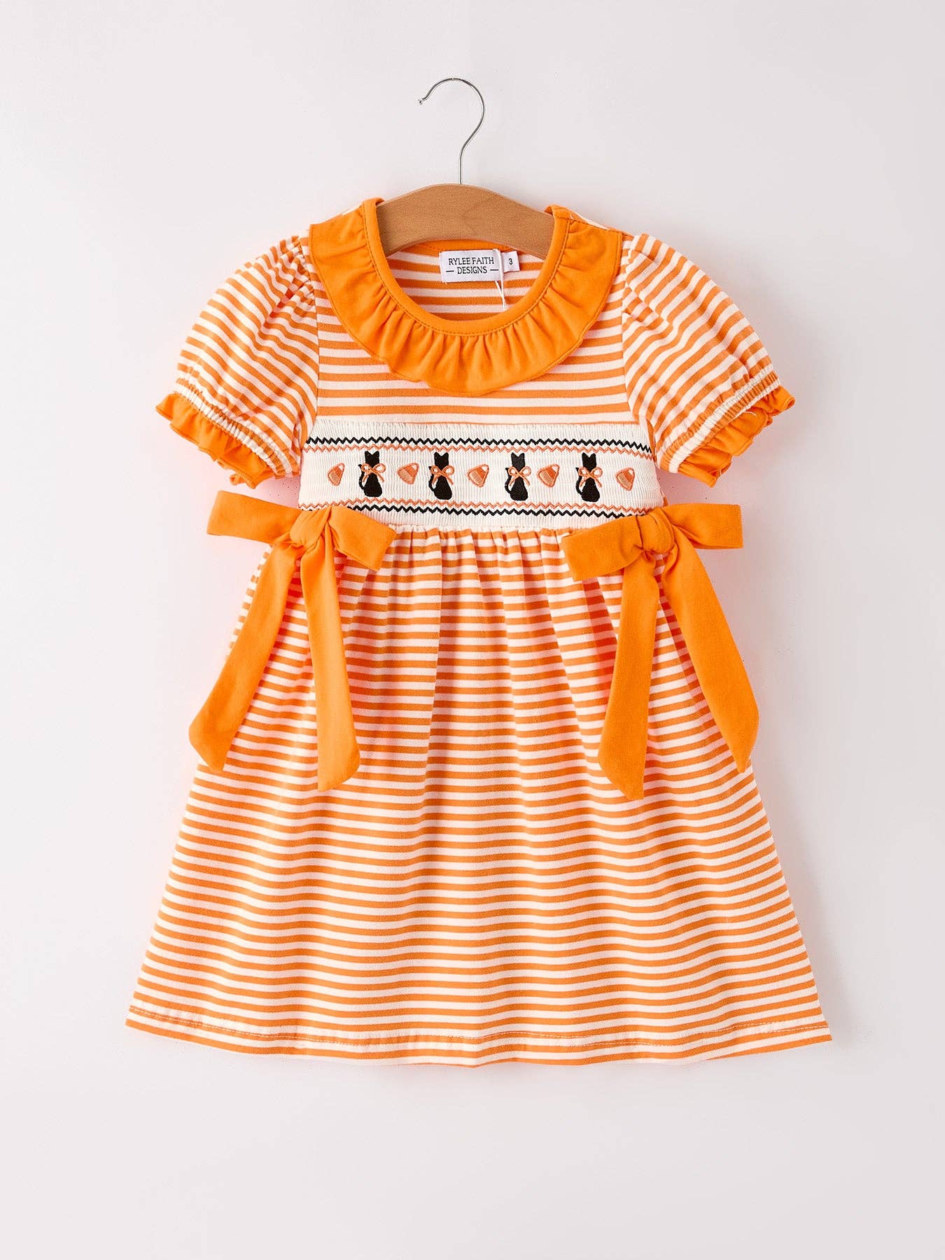 Rylee Faith Designs - Halloween Striped Dress with Cat Smocking Embroidery – 110825br