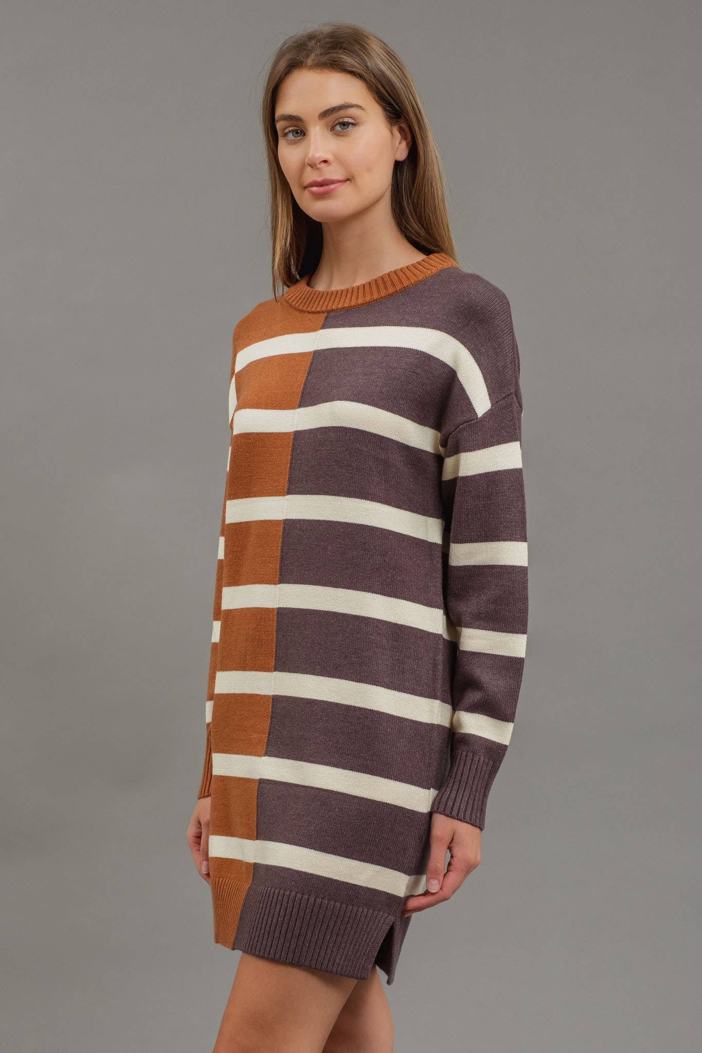 STRIPE COLORBLOCK LONG SLEEVE MINI SWEATER DRESS CR2374