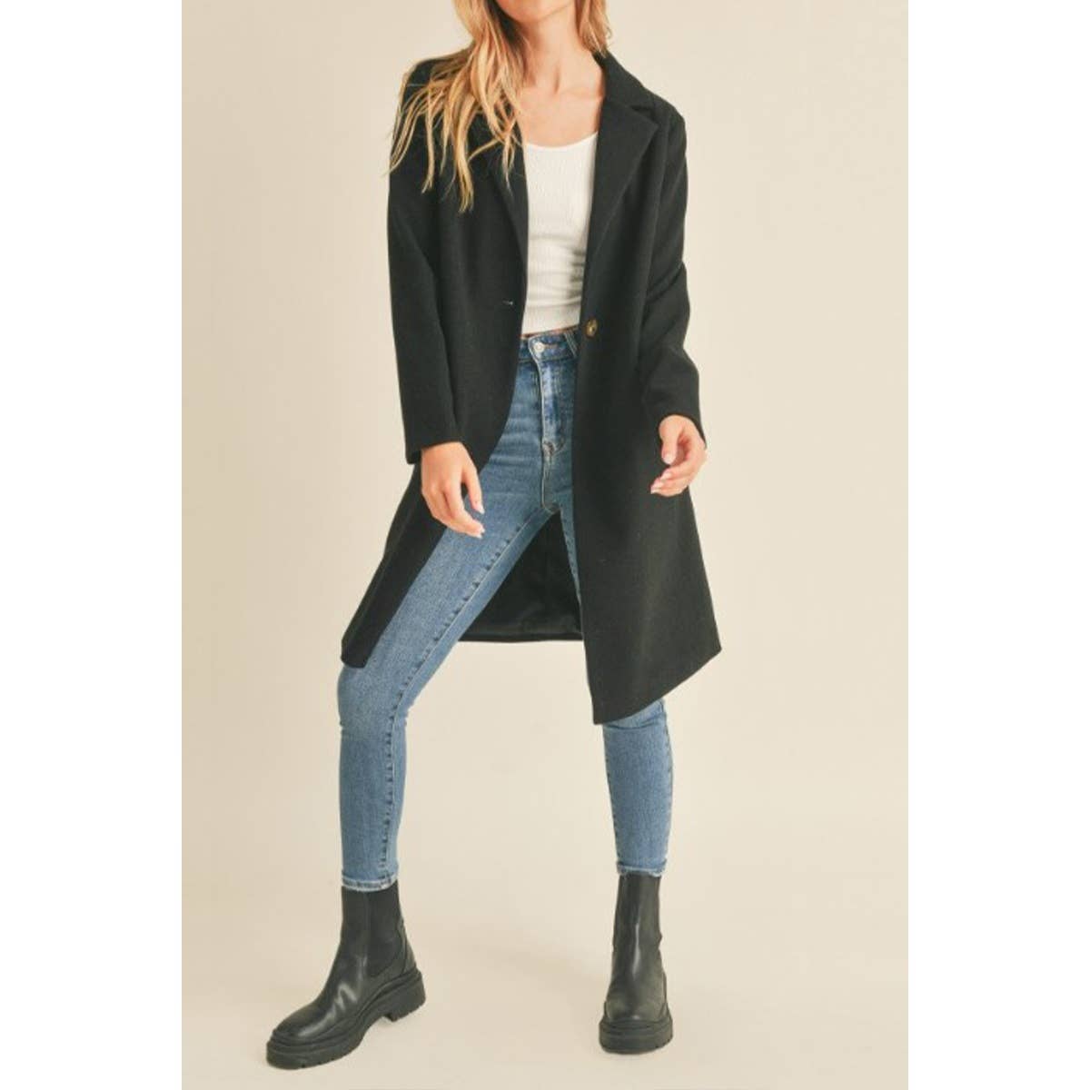 FAUX WOOL SINGLE BREASTED NOTCHED COLLAR LONG COAT GJC757