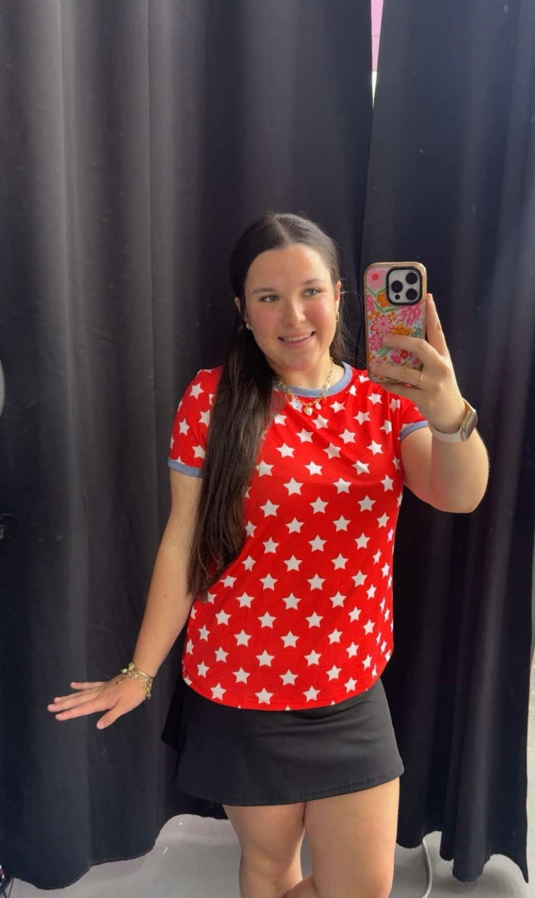 LAS PATRIOTIC STAR PRINT CONTRAST CUFFED TEES-060826MG1