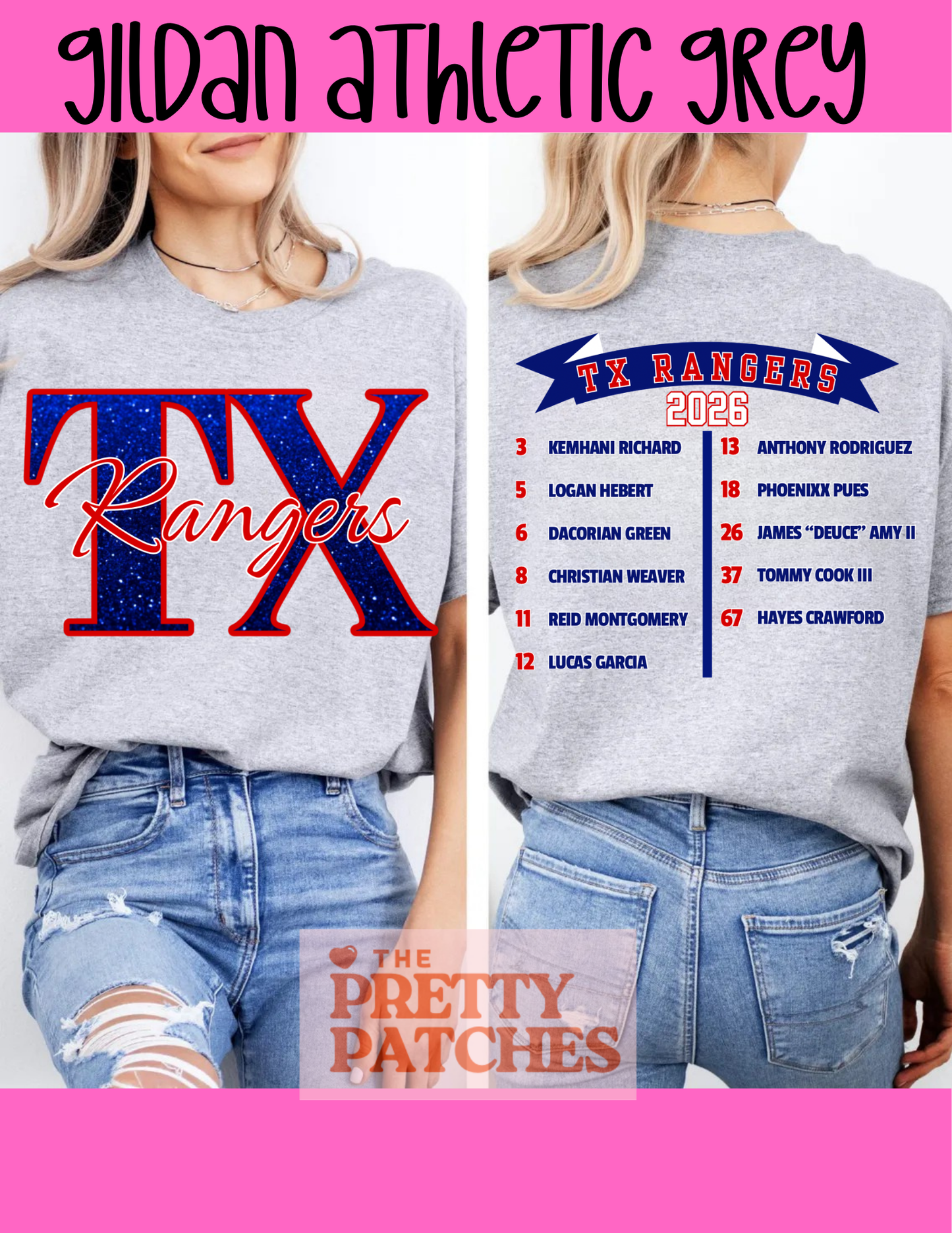 TX RANGERS - GILDAN TSHIRT- SPORT GREY (FRONT AND BACK IMAGES)