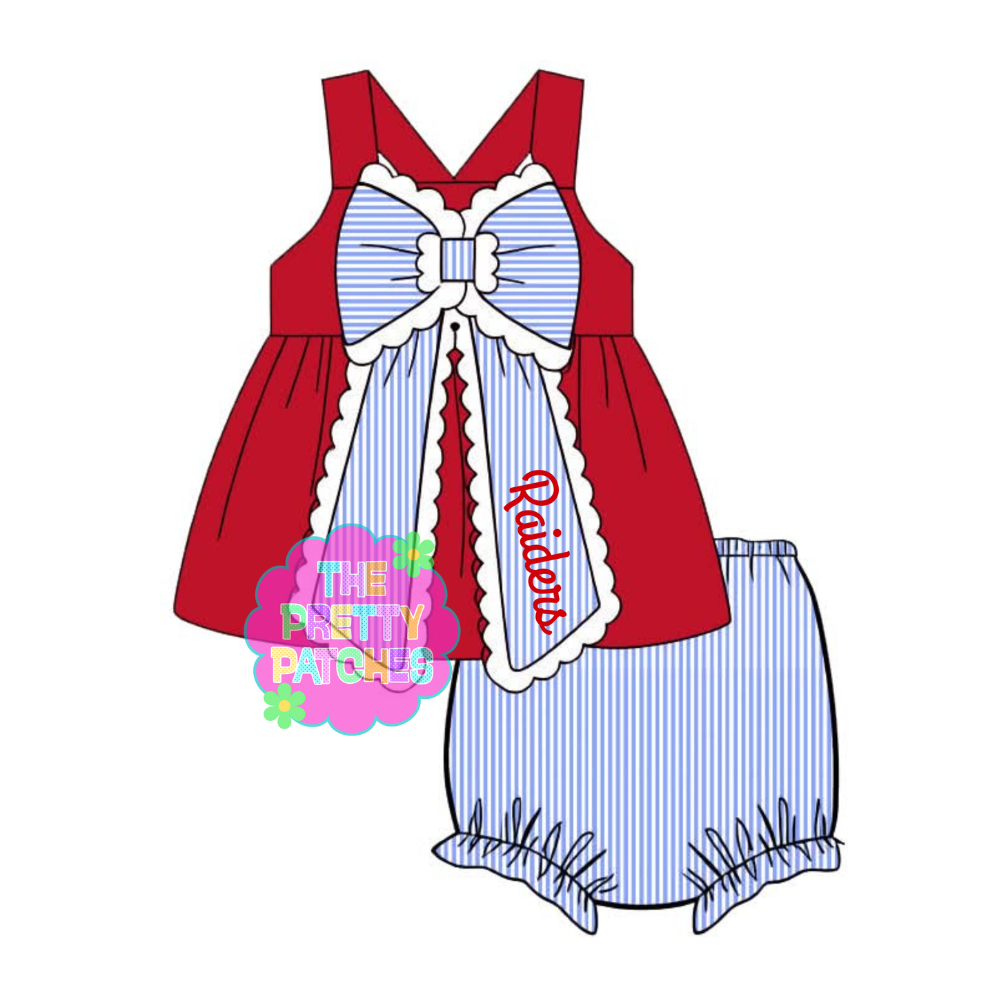 STRIPED BOW RED AND LIGHT BLUE LUMBERTON RAIDERS SHORT SET (PREORDER) (TRUSTED) 4.20.26 KB
