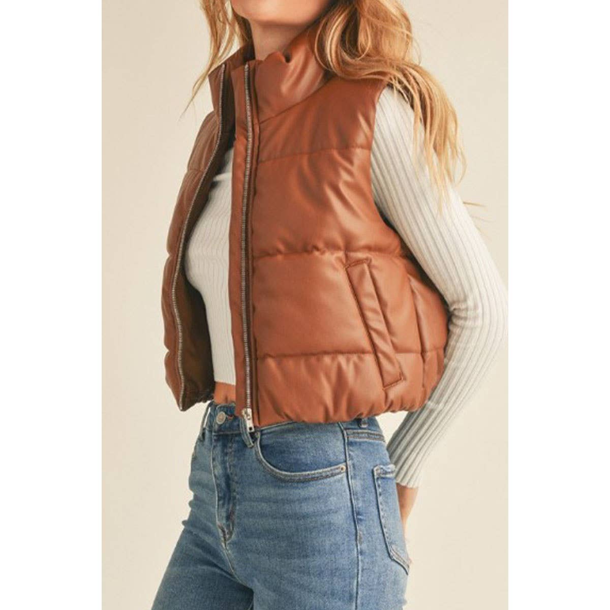 FAUX LEATHER HIGH NECK ZIP UP PUFFER VEST GJC4700