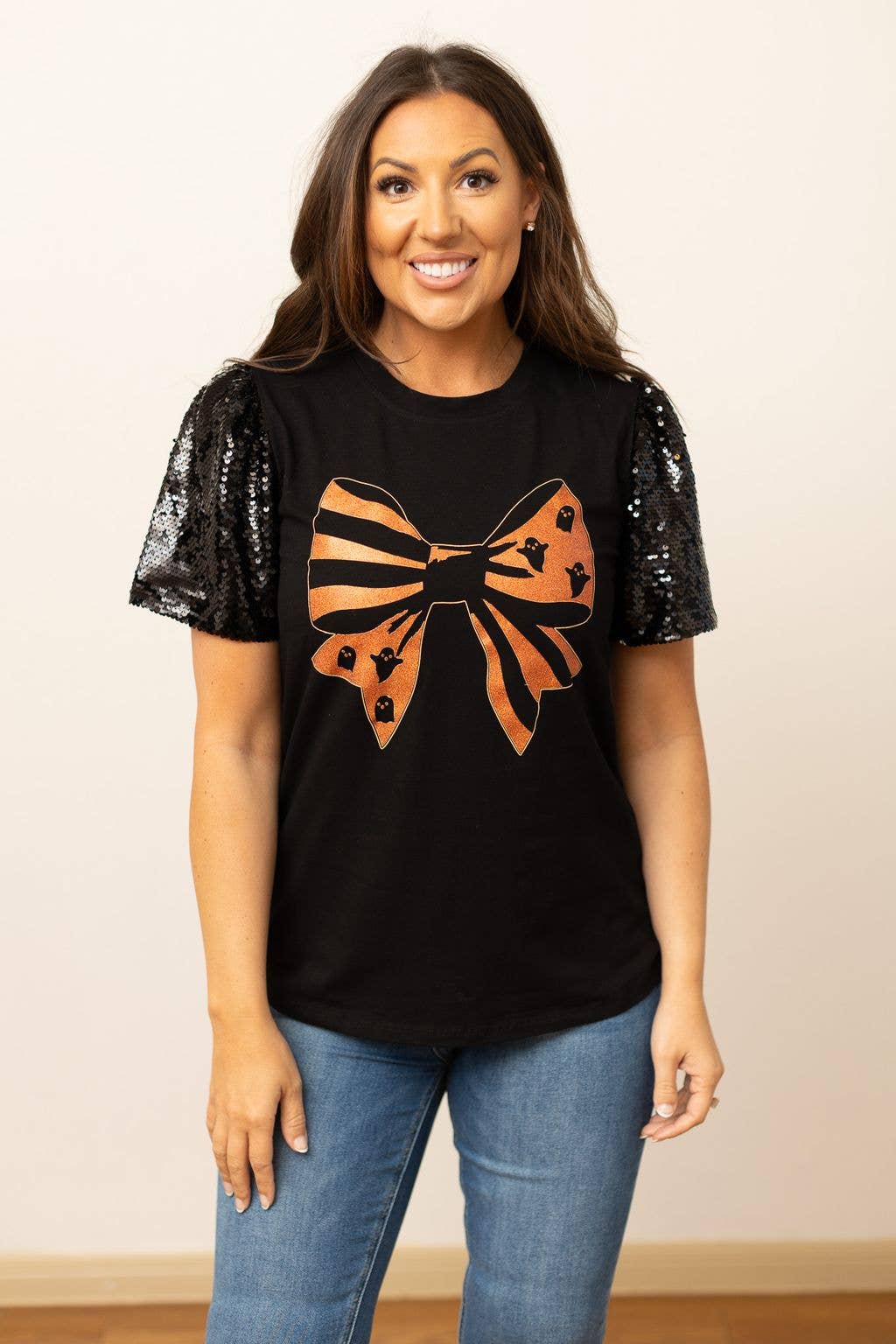 Halloween Bow on Black Top With Sequins Puff Sleeve  7877B