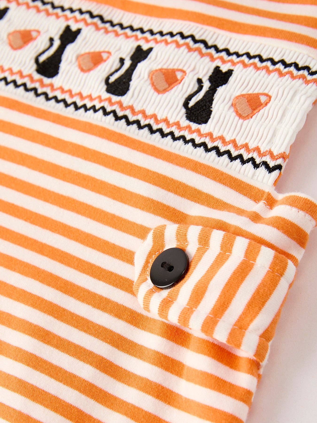 Rylee Faith Designs - Halloween Striped Baby Boys Romper with Cat Smocking Embroidery- 110825br