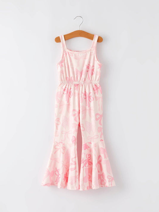 Pink Bow Print Girls Sling Flared Jumpsuit PNG5211