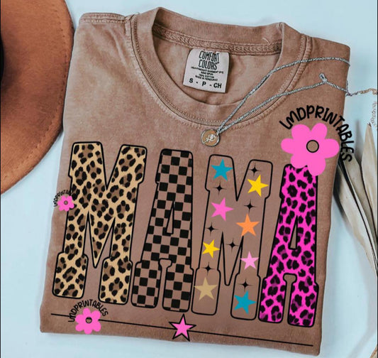MAMA "CHEETAH, CHECKERED,STARS, PINK CHEETAH) T-SHIRT - (Comfort Color/Bella)