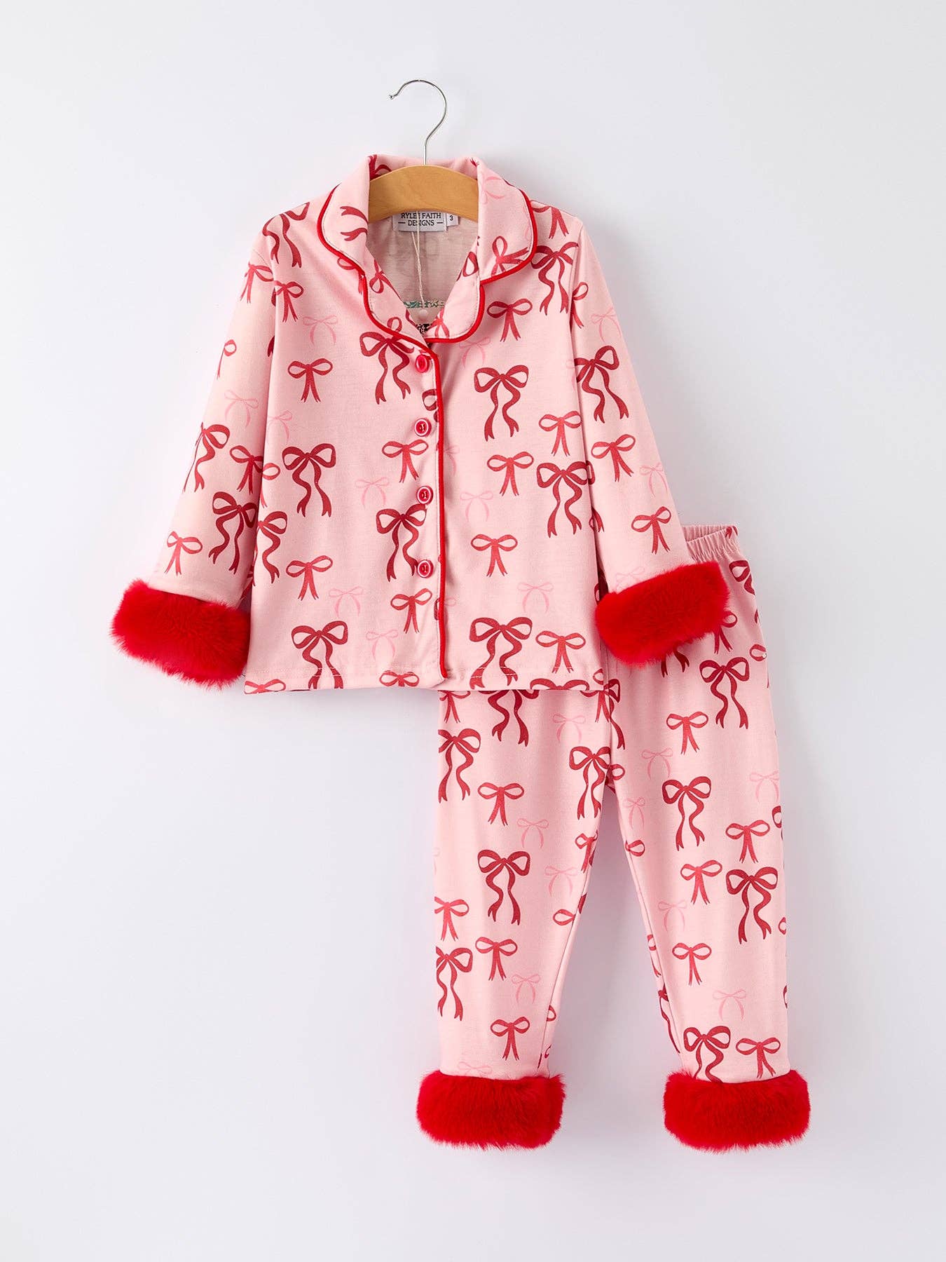 Christmas Bow Girls Pajama Set with Furry Trim-101825br