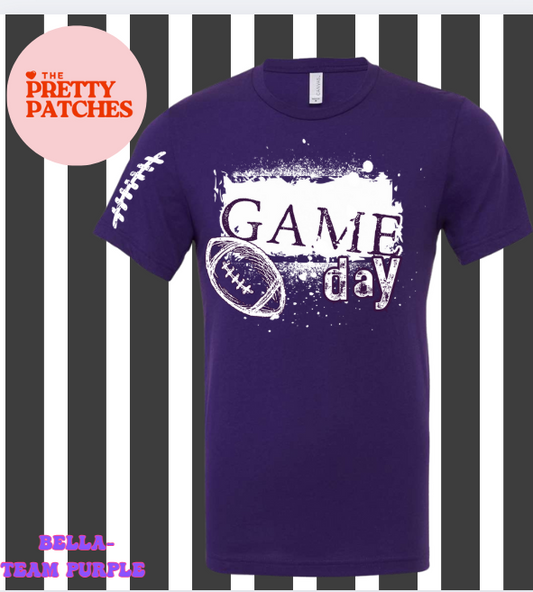 Game day (white square, white football, paint splash)--------)football stripe on sleeve)- T SHIRT - (Bella) FRONT IMAGE--- POCKET SLEEVE IMAGE