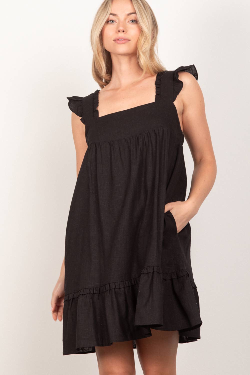 Ruffled Solid Linen Backless Mini Dress ND31184