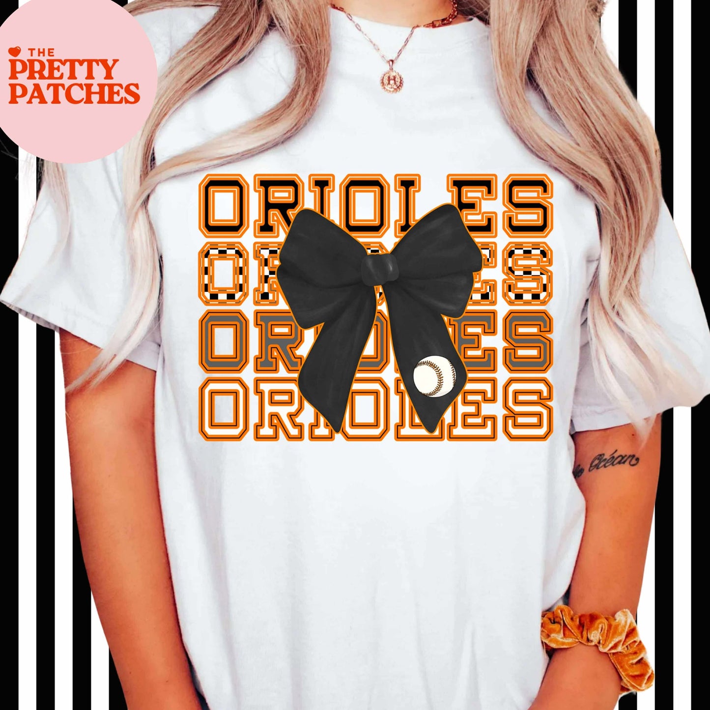 ORIOLES BASEBALL TEE "4X'S ORANGE FONT----BLACK BOW--- BASEBALL"--- "GILDAN"