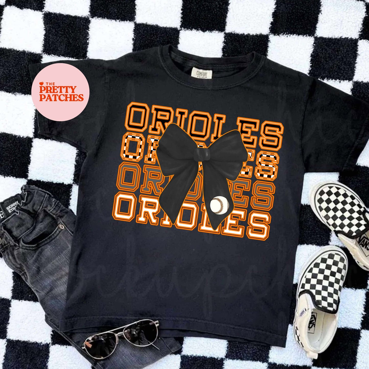 ORIOLES BASEBALL TEE "4X'S ORANGE FONT----BLACK BOW--- BASEBALL"--- "GILDAN"