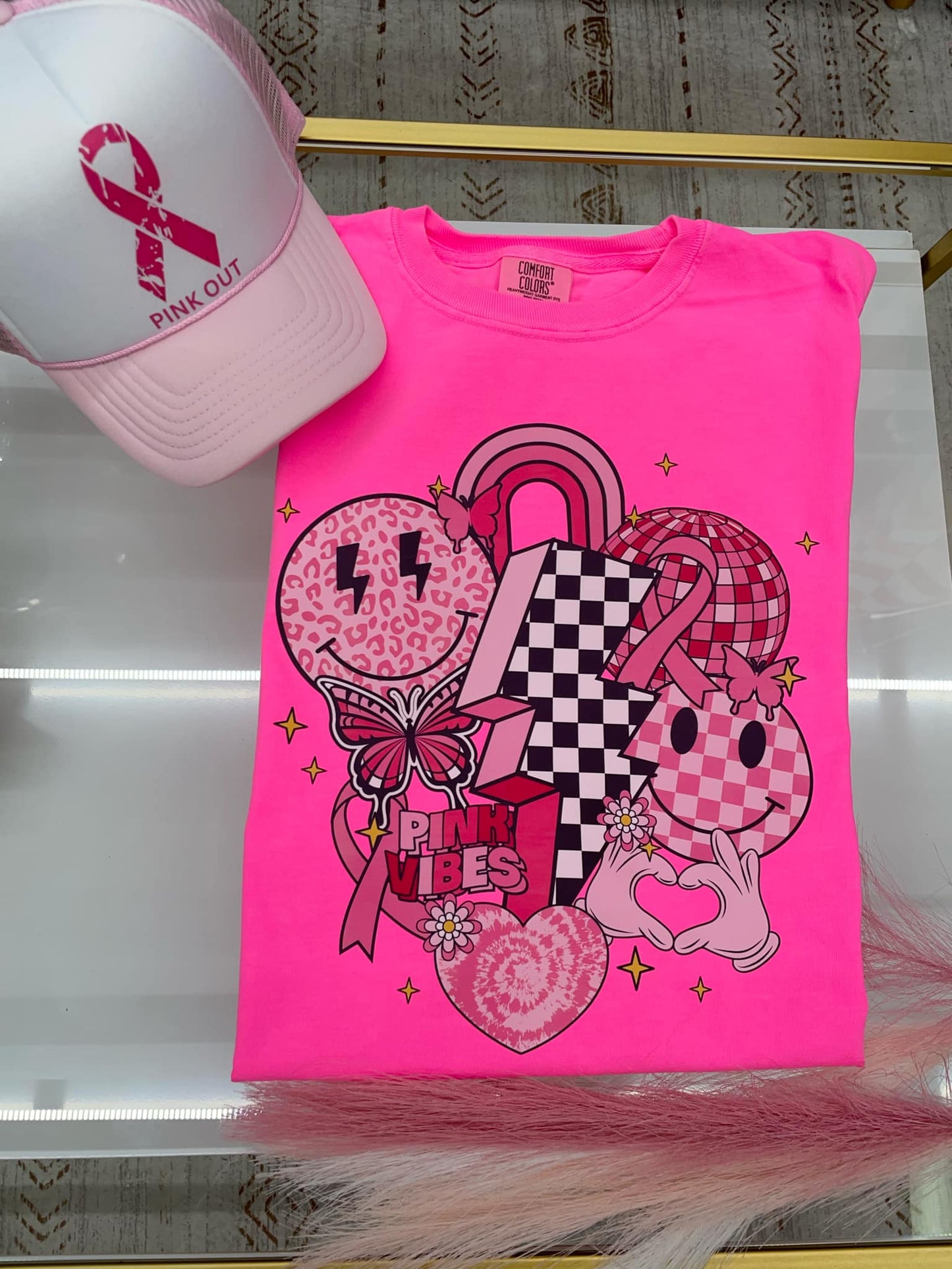 Pink Vibes (smile face, rainbow, heart hand, ribbon" T-shirt