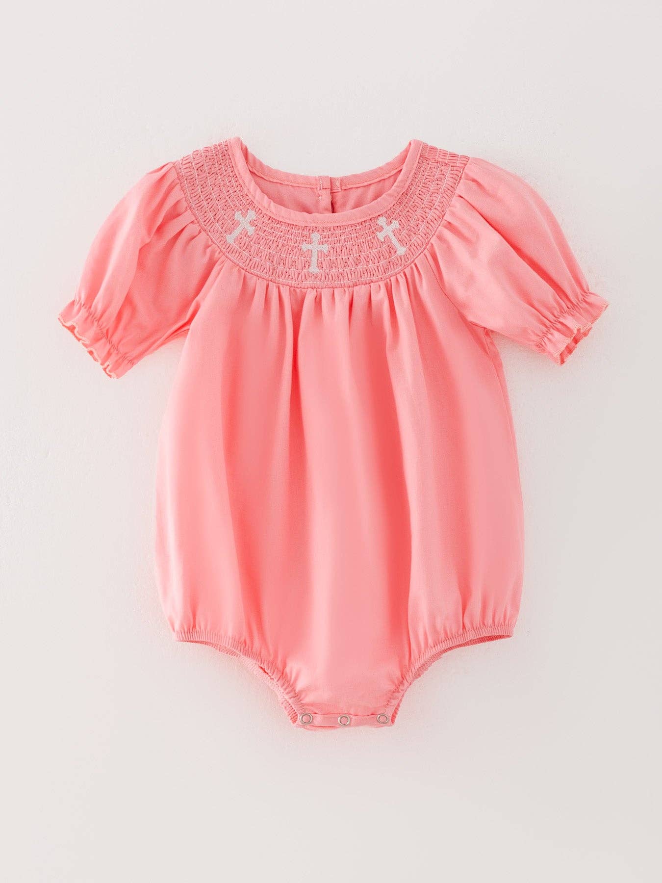 Pink Smocking Embroidered Crucifix Girls Romper RPG41