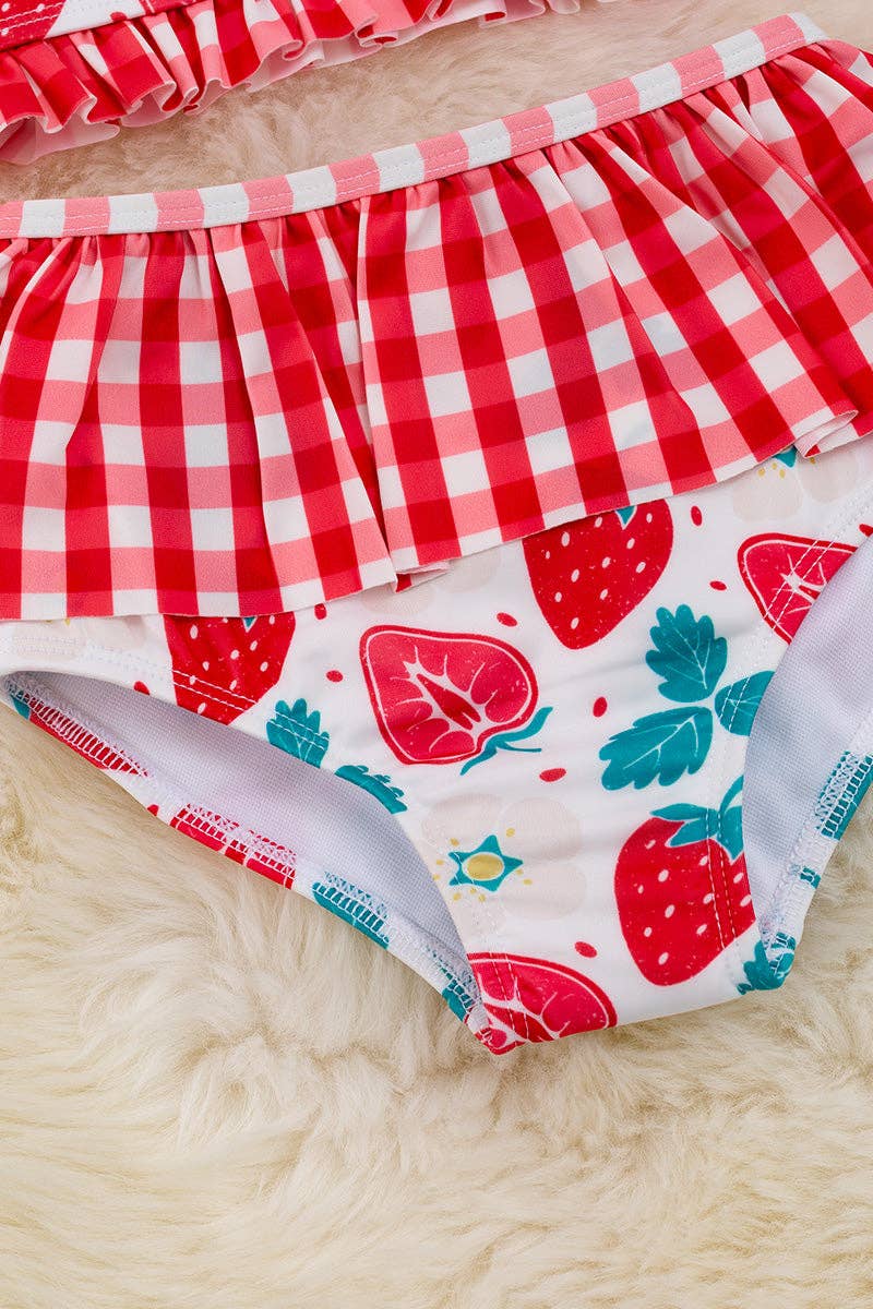 Strawberry printed swim set w/plaid ruffle.  SWG25134001