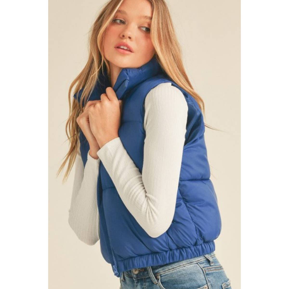 Nylon High Neck Faux Down Puffer Vest  GUJC-792