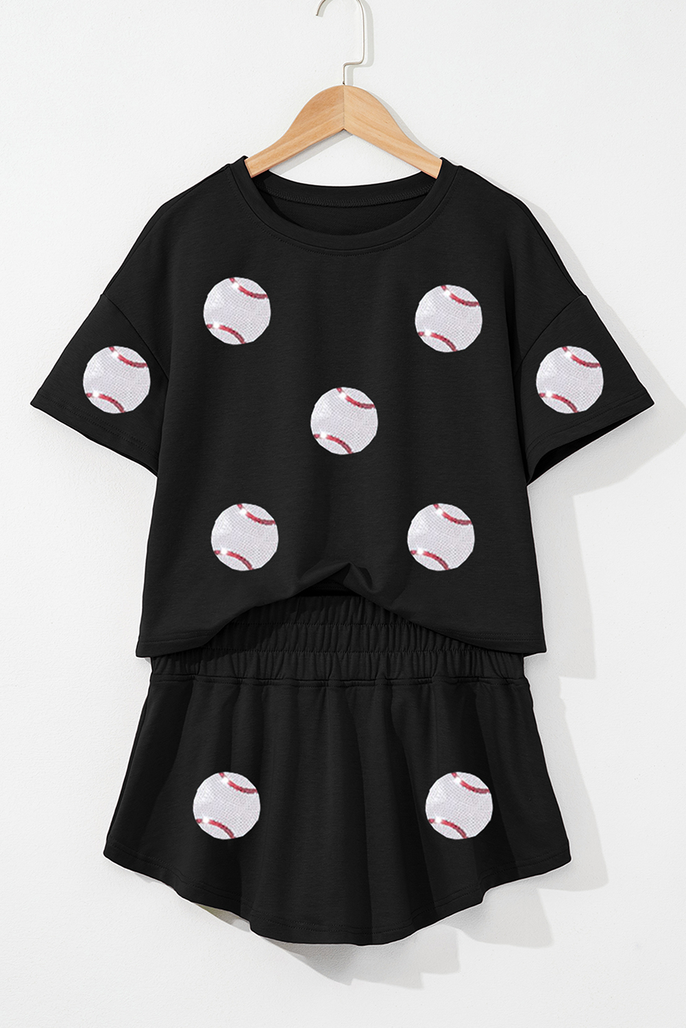 Baseball Print Cropped Tee and Ruffle High Waist Skort Set-010826r3