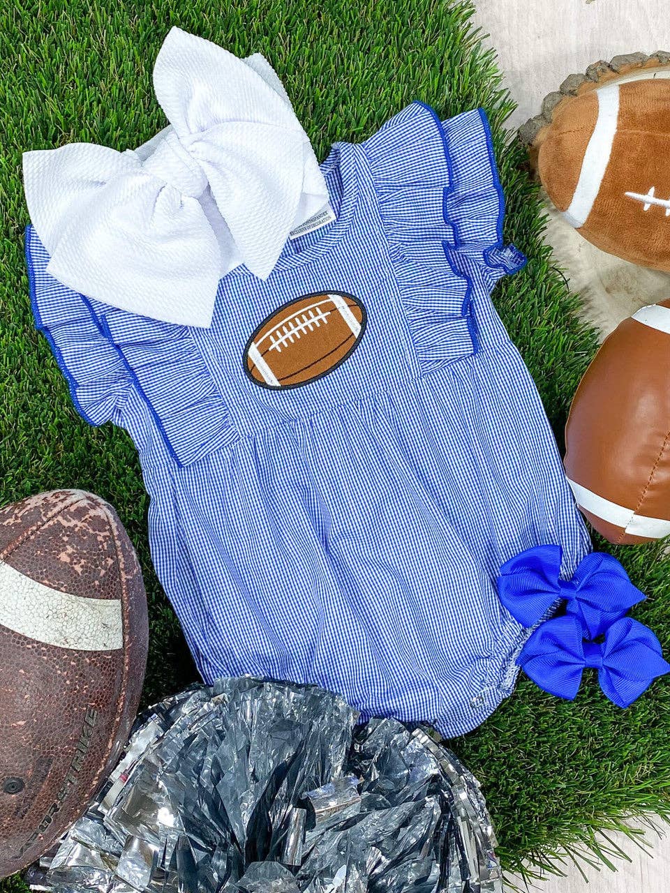 Royal Blue Classic Gingham Football Girls Onesie BF50314