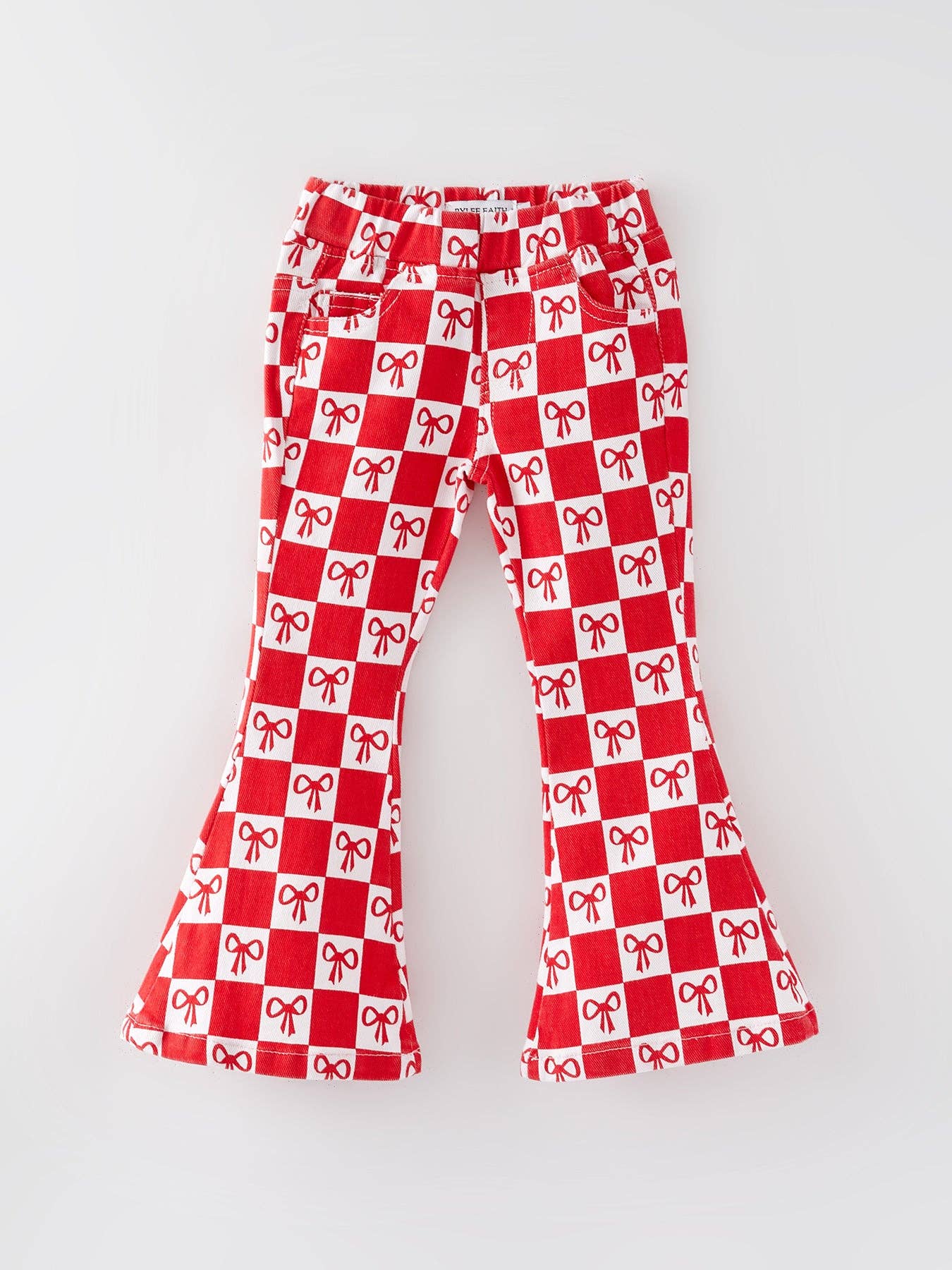Girls Red Bow Print Plaid Flared Jeans PNG4074