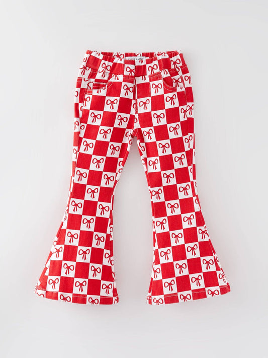 Girls Red Bow Print Plaid Flared Jeans PNG4074