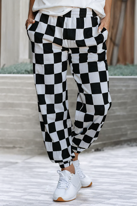 Checkerboard Elastic Waist Pocketed Joggers - LD7713