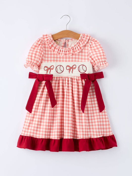 Baseball Embroidery Smocked Ruffle Plaid Girl Dress 1122026AL