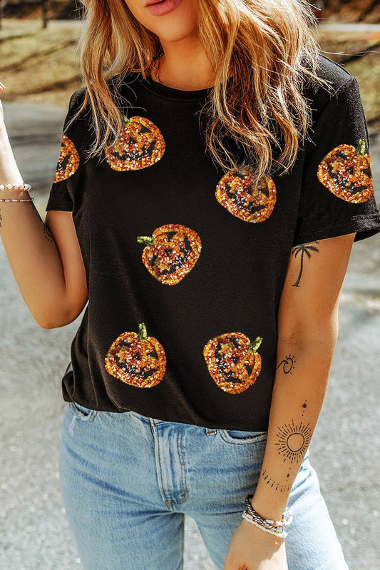 Sequin Pumpkin Face Halloween T Shirt LD2522