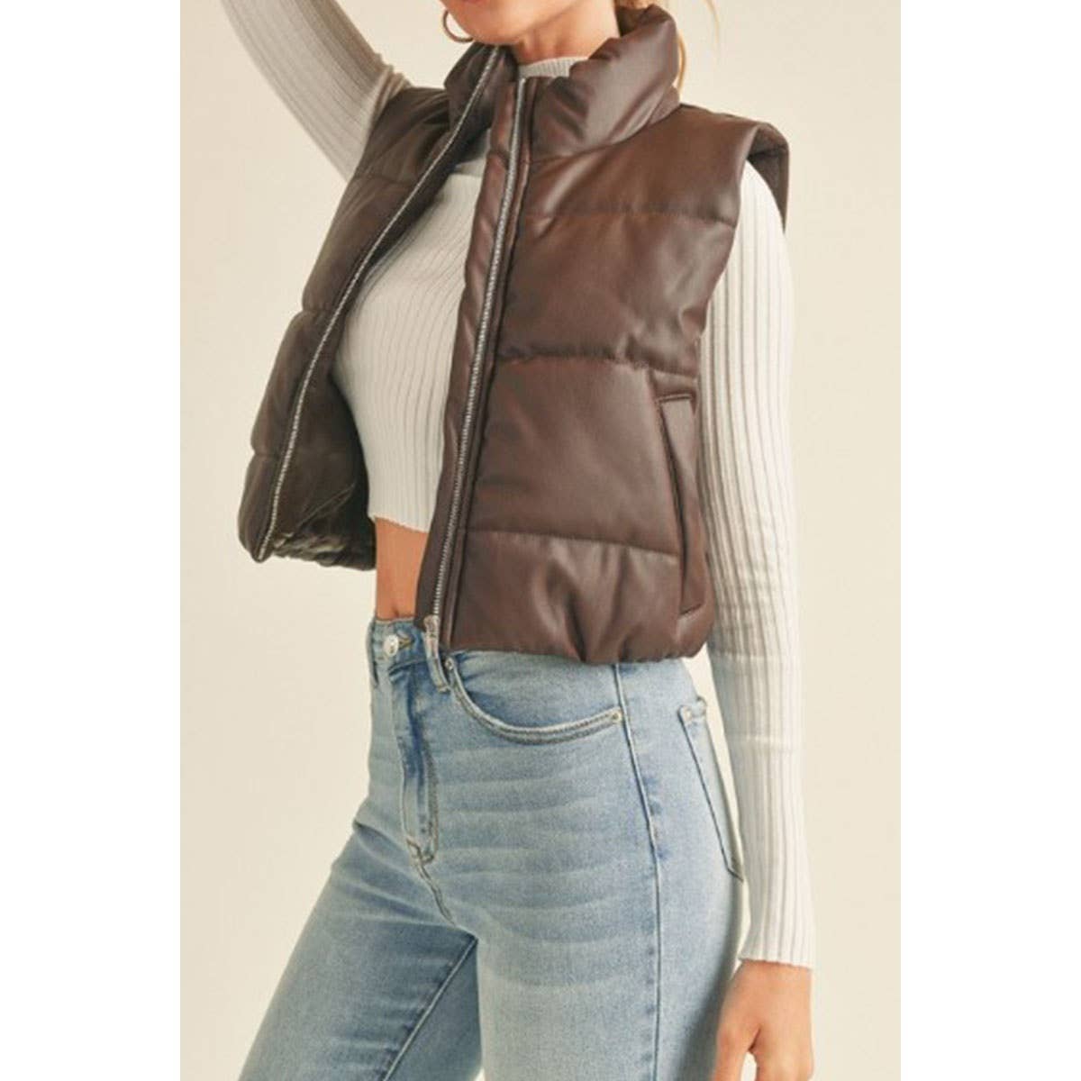 FAUX LEATHER HIGH NECK ZIP UP PUFFER VEST GJC4700