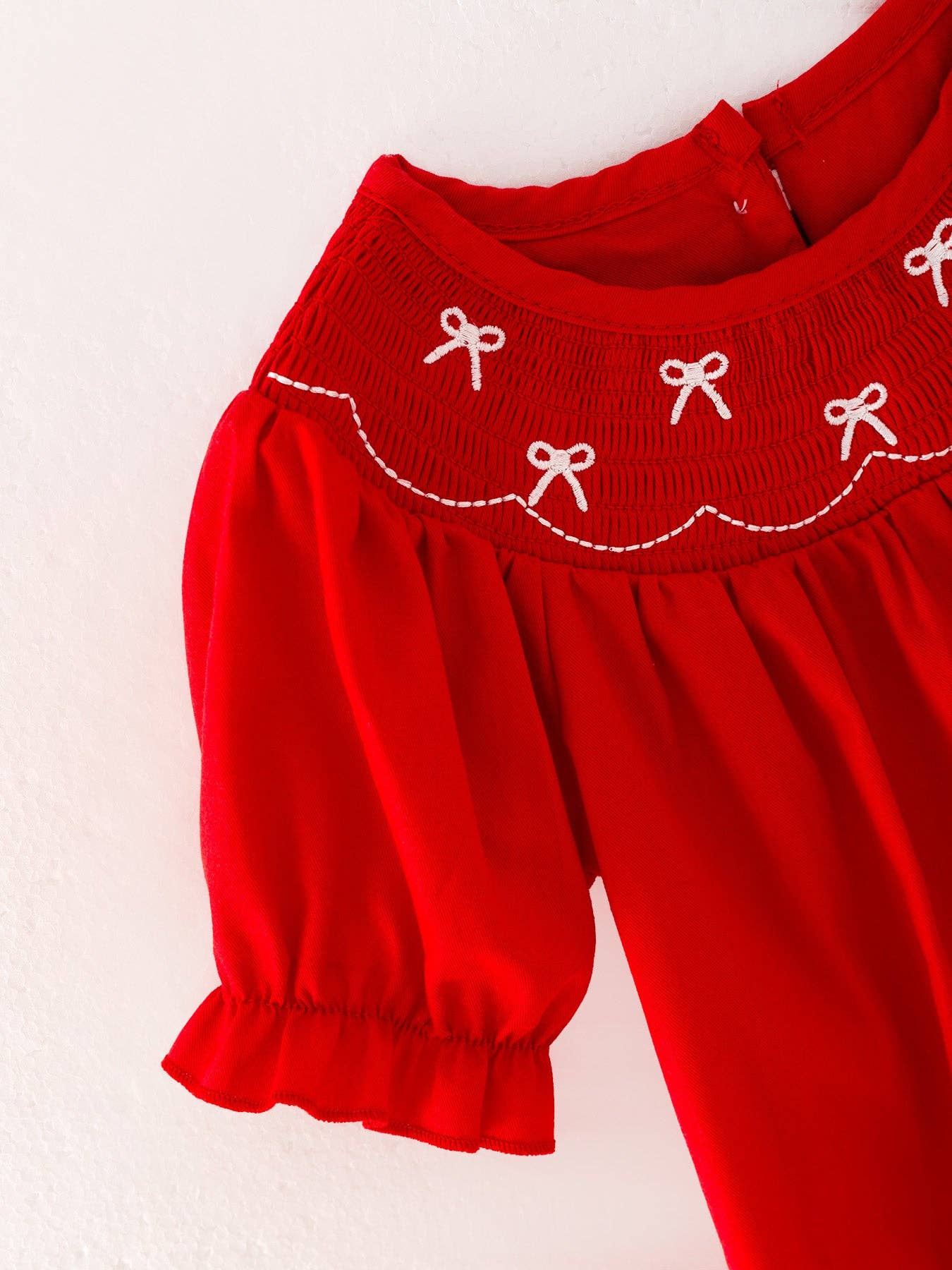 Girls Bow Smocking Embroidered Red Romper RPG41121