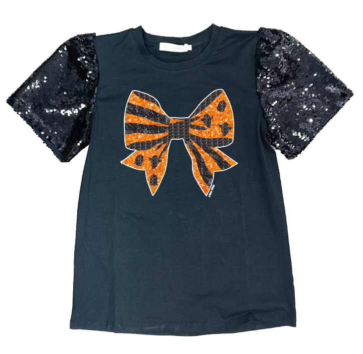 Halloween Bow on Black Top With Sequins Puff Sleeve  7877B