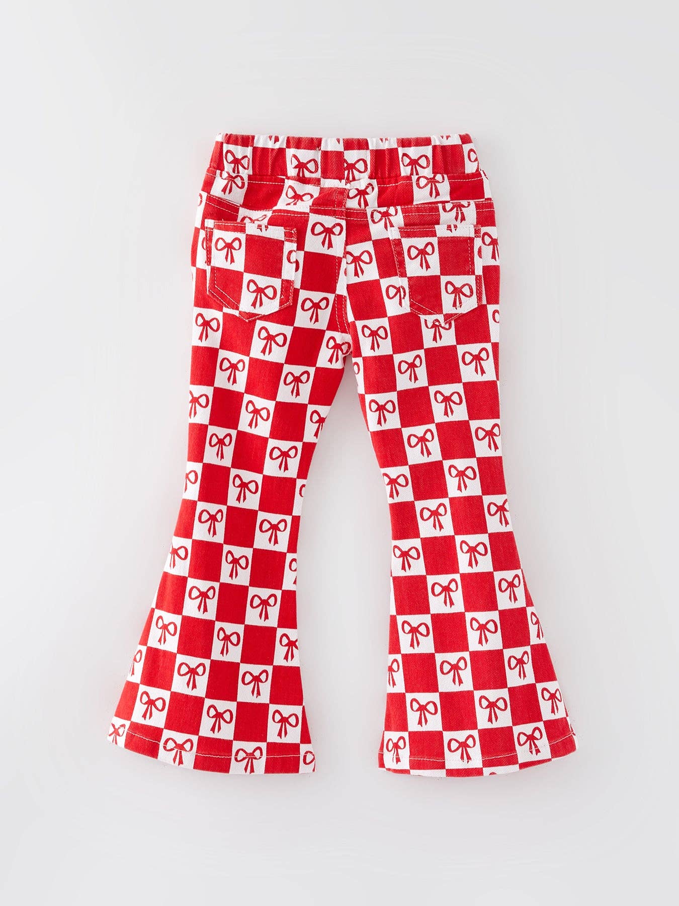 Girls Red Bow Print Plaid Flared Jeans PNG4074