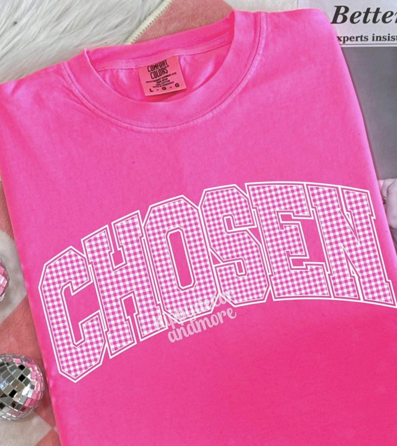 Pink Gingham Chosen 🩷- TSHIRT- (COMFORT COLOR/BELLA)