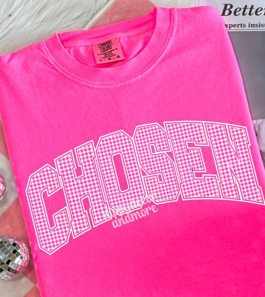 Pink Gingham Chosen 🩷- TSHIRT- (COMFORT COLOR/BELLA)